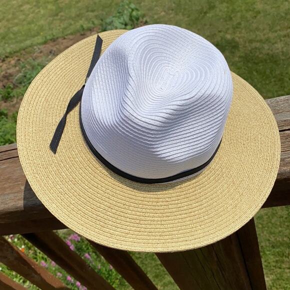 New MB Krauss Fedora Panama Tan White Colorblock Straw Beach Sun Hat - Picture 2 of 5